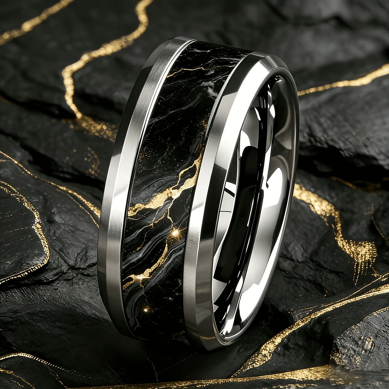 Elegant French Black Golden Marble Texture Stainless Steel Ring